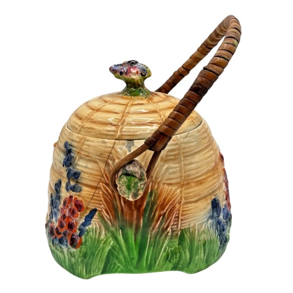 Vintage Royal Winton Grimwades Bee Hive Biscuit Barrel 1930's Bamboo Handle - Picture 4 of 12